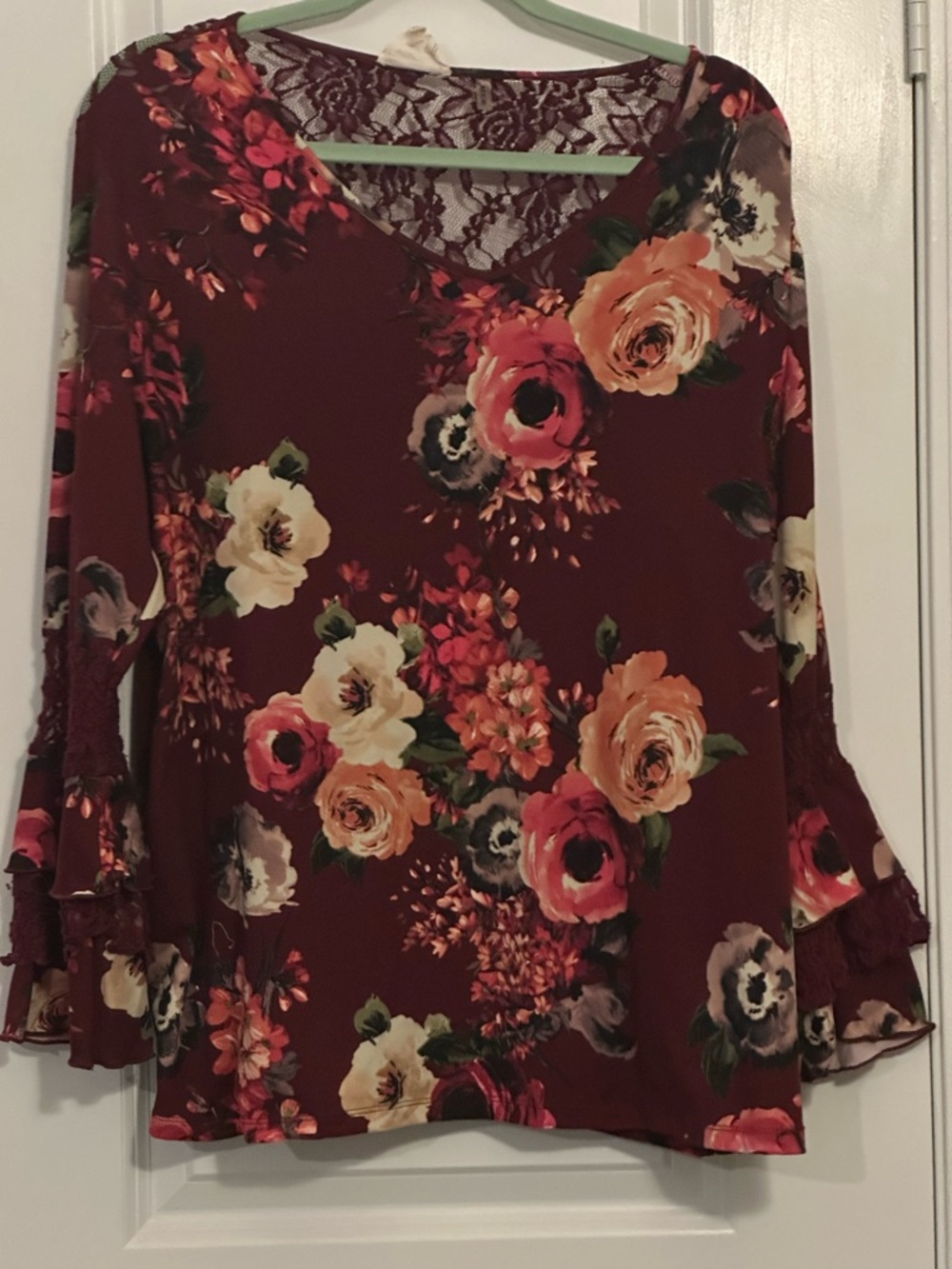 Carol Rose Maroon Floral Lace-Back V-Neck Blouse